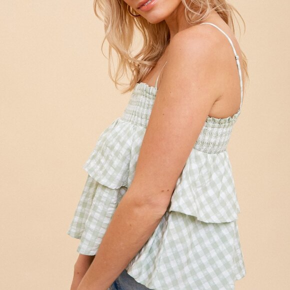 HEM & THREAD Light Green Gingham Tiered Ruffle Smocked Top, Sleeveless Peplum - Picture 4 of 5
